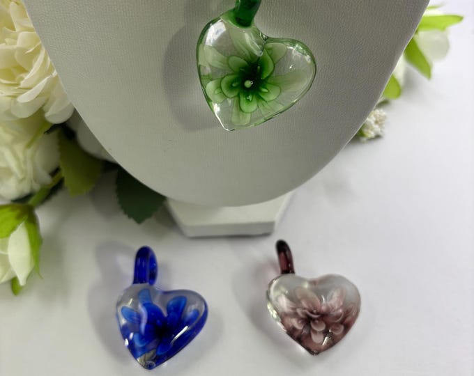 Lampwork Flower Heart Pendant Necklace | Colorful Heart Pendant Necklace | Glass Pendant | Necklace With Cord | Lampwork