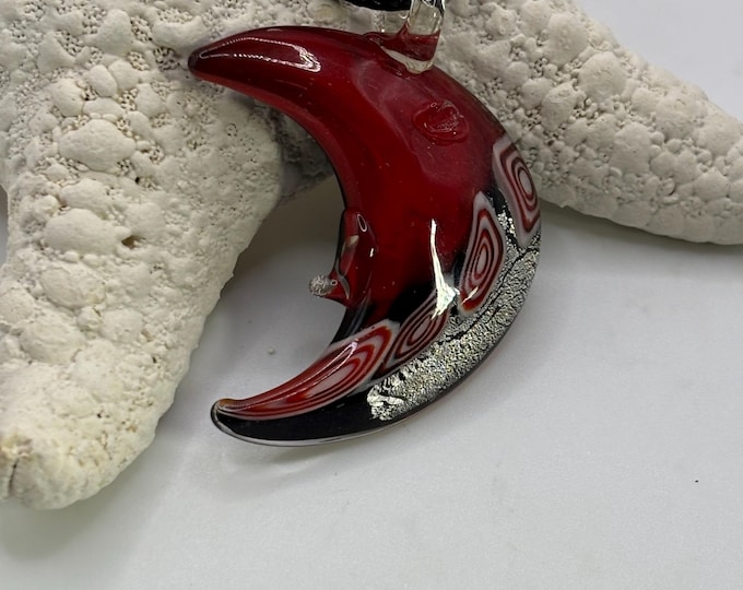 Red Moon Pendant Necklace | Lampwork |  Glass Millefiori Moon | Murano Inspired Pendant | Necklace With Cord