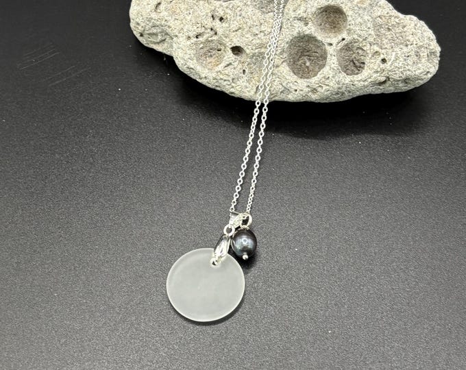 White Seaglass Necklace | White Seaglass | Seaglass Necklace with Freshwater Black Pearl |
