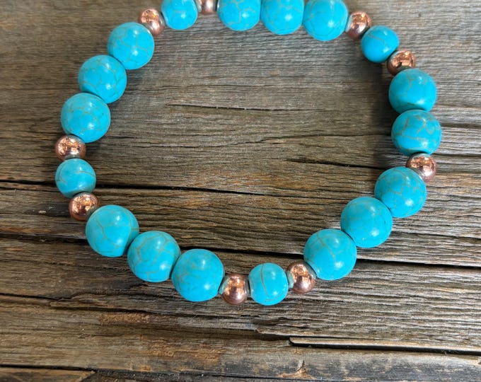 Turquoise Gemstones | Copper Accents | Stretch Bracelet | Mens or Ladies Bracelet