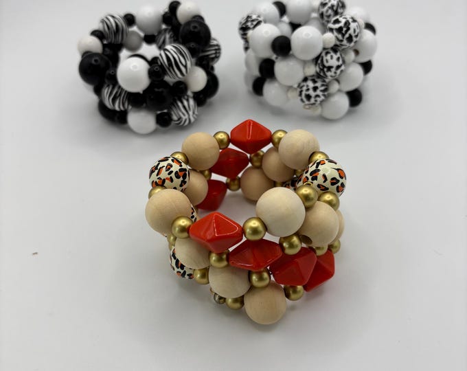 Animal Print Wooden Bead Bracelet | Memory Wire Bracelet | Multi Strand | Large Wood Beads