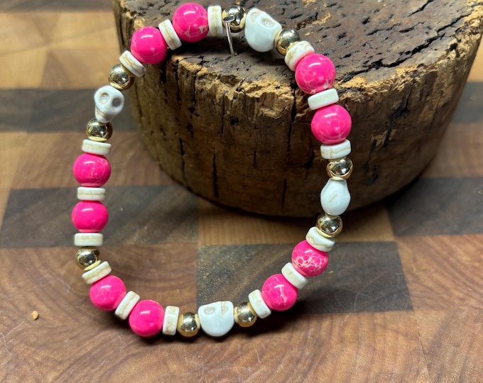 Hot Pink Imperial Jasper Gemstones | Halloween Gemstone bracelet | Stretch Bracelet | Skull bracelet | Pinkoween