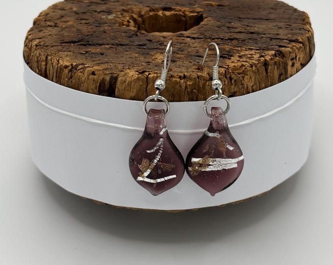 Purple and Silver  Leaf Drop Earrings |  Murano Inspired Lamp Work  |  Colorful Glass Earrings