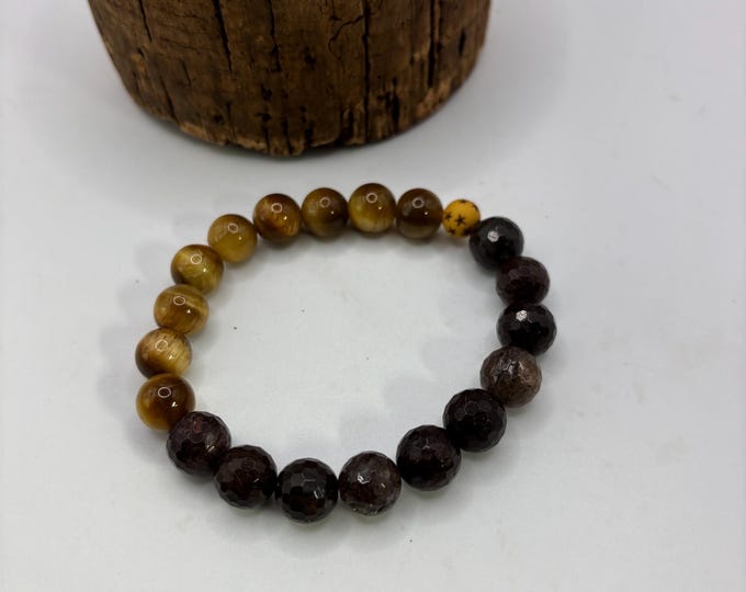 Yellow Tiger Eye and Brown Faceted Agate Gemstones Beaded Bracelet |  8 inch Stretch bracelet | Wood accent bead