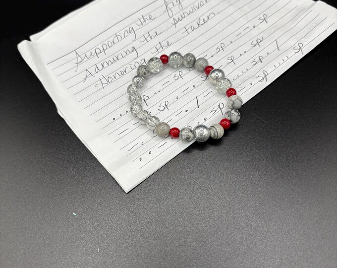 Gray Feldspar and Red Coral Gemstones | Gemstone bracelet | Stretch Bracelet | Morse Code bracelet | Admire