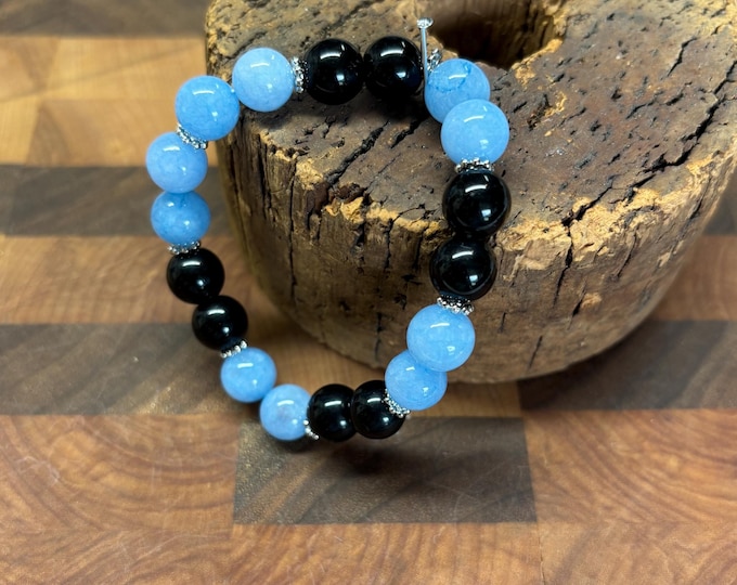 Aquamarine and Onyx | Onyx  bracelet | Aquamarine bracelet | Gemstone bracelet | Stretch Bracelet