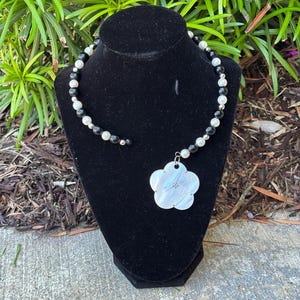 Black Onyx Statement Necklace | Black Onyx and White Pearl Gemstones | Shell pendant | Choker Style Necklace