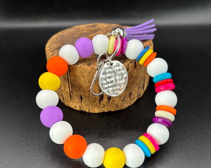 Beach Theme  Beaded Wristlet Keychain  | Keychain with Silicone and Toes in the Sand Charm | Keychain | Key Fob | Wristlet | Cruise