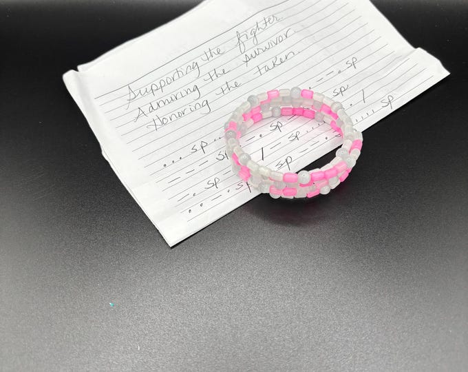 Pink and  White Cats Eye Beads| Memory Wire  Bracelet | Morse Code bracelet | Supporting the Fighter Quote