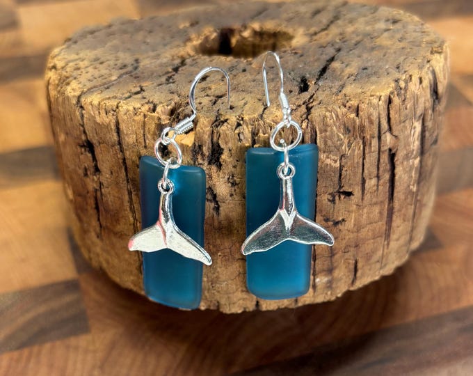 Blue Seaglass Earrings | Peacock Blue Seaglass | Seaglass Earrings with Charm |  Whale tail Charm