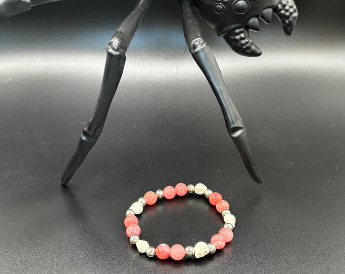 Pink Jade Gemstones | Halloween Gemstone bracelet | Stretch Bracelet | Skull bracelet | Pinkoween