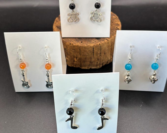 Music Theme  Earrings | Sterling Silver Ear  Wires | Guitar  Earrings | Band Earrings | Gemstone Accent