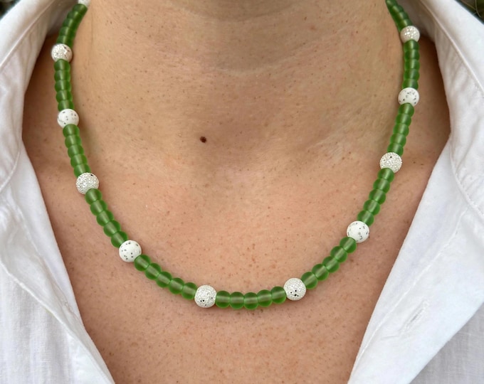 Peridot Green Seaglass Necklace | White Lava Rock | Seaglass Necklace