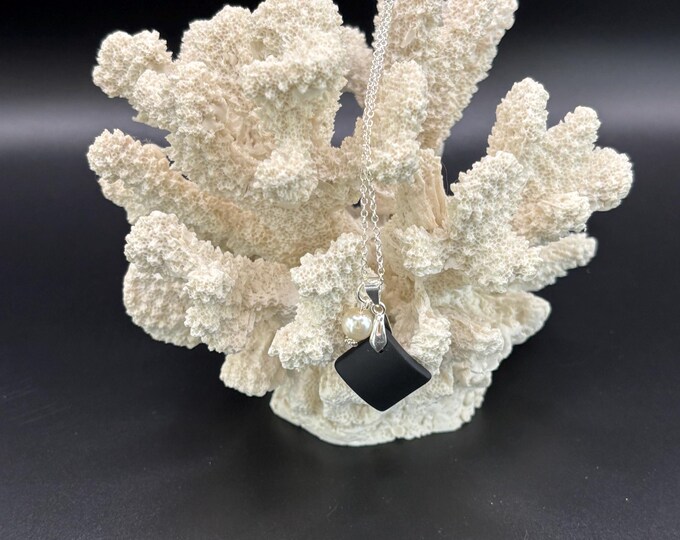 Black Seaglass Necklace | Black Seaglass | Seaglass Necklace with Freshwater Pearl |