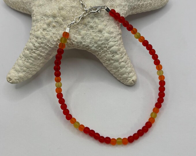 Candy Red Orange Seaglass Anklet | Seaglass | Seaglass Anklet | Minimalist 4mm beads