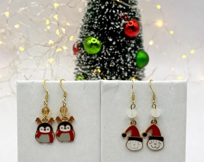 Christmas Cat Earrings | Penguin Earrings | Holiday Earrings | Christmas Earrings |