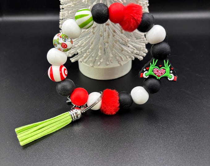 Grinch Beaded Wristlet Keychain  | Keychain with Silicone and tassel | Keychain | Key Fob | Wristlet