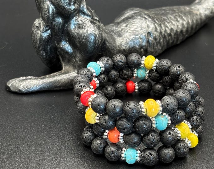 Black Lava Rock Bracelet | Colorful Turquoise Howlite  | Memory wire bracelet | Multistrand bracelet  | Diffuser Bracelet