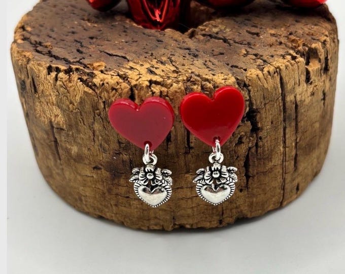 Red Heart Earrings  | Silver Heart Charm Accents |  Valentine Earrings | Post Earrings  | Galentines