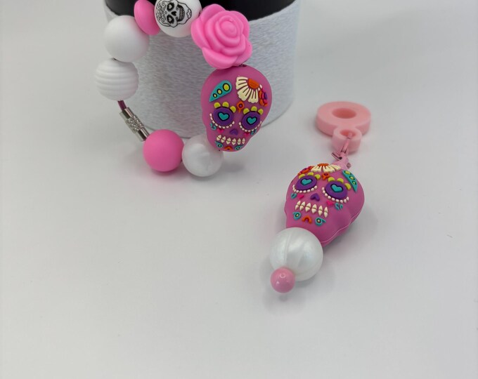 Sugar Skulls White and Black Stanley Cup Bracelet:  Cup Handle Bracelet | Straw Charm | Purse Bracelet | Halloween | Skull