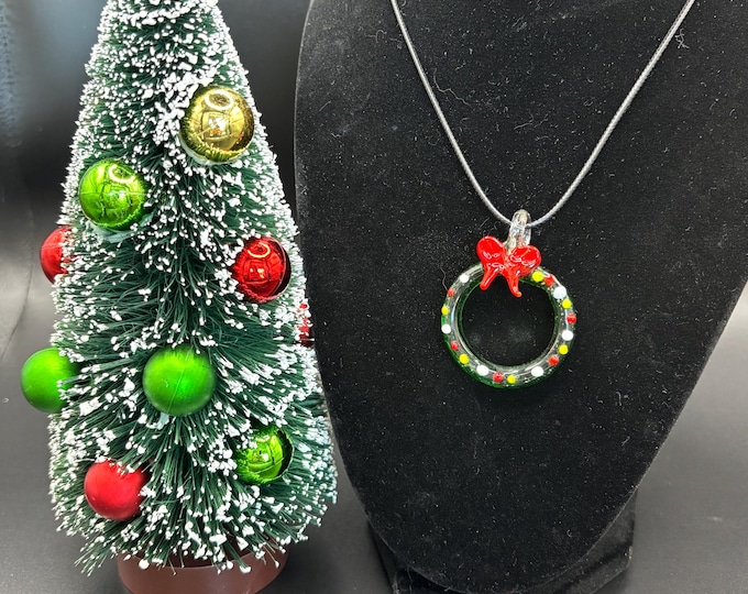 Green  Murano Inspired Glass Wreath | Glass Pendant  Necklace | Lampwork Glass |  Christmas Pendant | Holiday pendant | Lampwork Wreath
