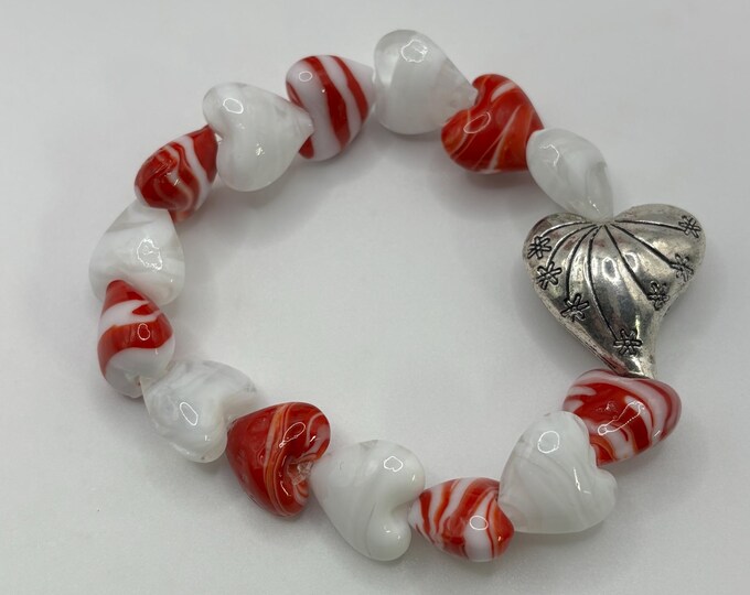 Valentine Theme Murano Inspired Lampwork Glass Heart Bracelet:  Valentine Jewelry Stretch Bracelet |
