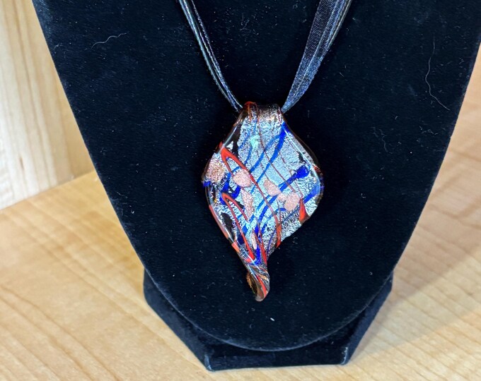 Dark Orange Leaf Murano Inspired Pendant Necklace  | Glass Leaf Pendant | Sand Accent | Lampwork Pendant | Necklace With Cord