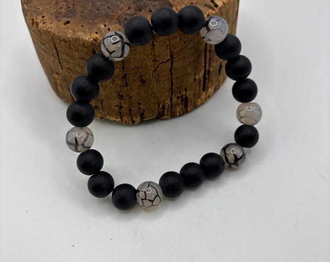 Dragon Vein Agate and Obsidian  Gemstones Beaded Bracelet |  8 inch Stretch bracelet |