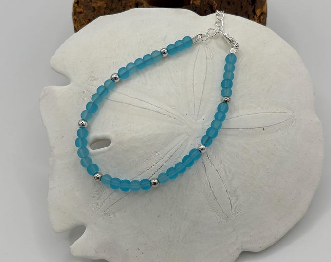 Turquoise Blue Seaglass Bracelet | Blue Seaglass | Seaglass Bracelet | Minimalist 4mm beads with silver accent beads