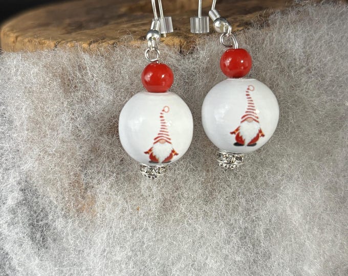Gnome Wooden Earrings | Holiday Earrings |  Gemstone Accent | Christmas Earrings |