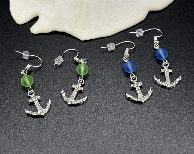 Silver and Crystal Anchors |  Seaglass Earrings | Seaglass | Beach Glass Earrings on Sterling Silver