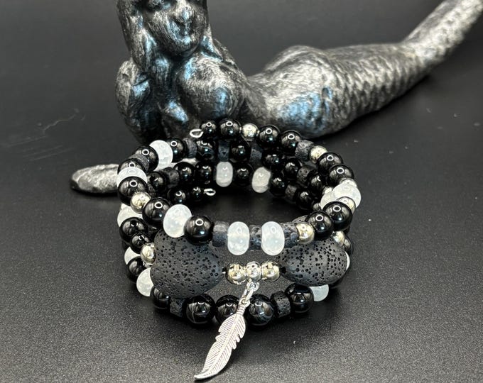 Black Striped Obsidian and Lava Rock  | Memory wire bracelet | Multistrand bracelet | Feather charms | Diffuser Bracelet
