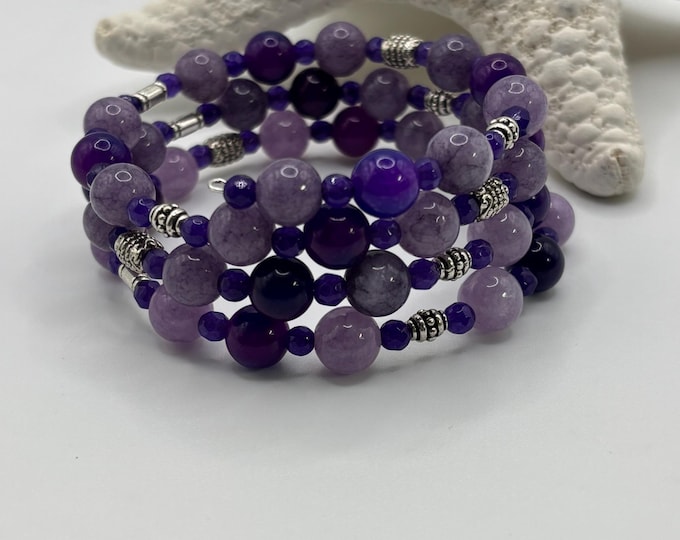 Purple Agate and Lilac Lepidolite  Gemstone  | Memory Wire Bracelet | Multi-Strand Bracelet |