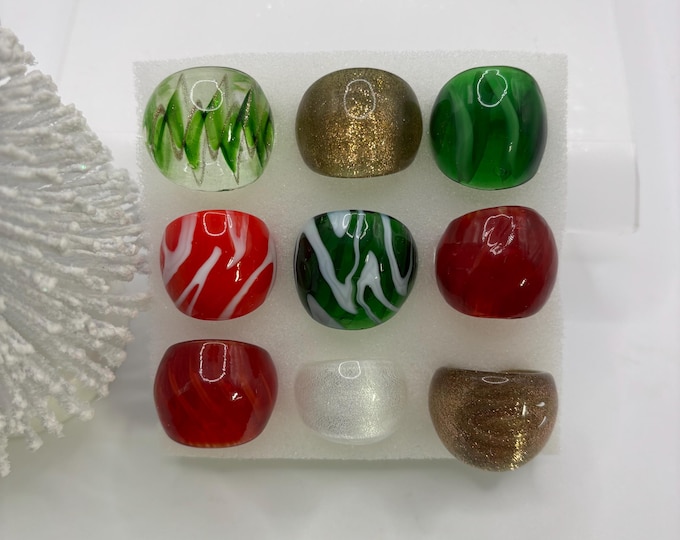 Assorted Christmas Glass Rings | Lampwork Glass Rings | Murano Inspired Glass Rings | Various Sizes