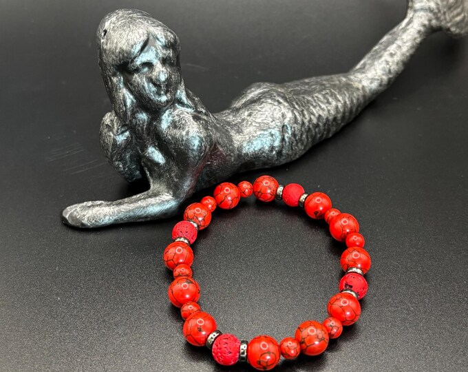 Red Turquoise Howlite Gemstones | Red Lava Rock | Stretch Bracelet | Mens or Ladies Bracelet