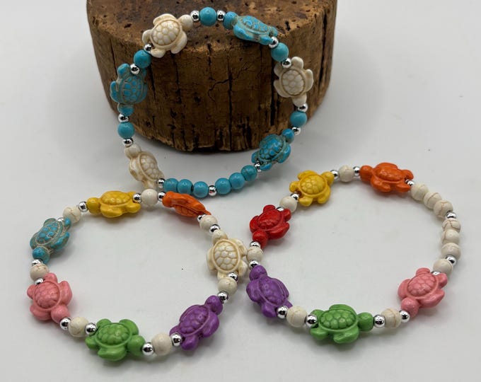 Turquoise Howlite Turtles and Gemstones | Stretch Bracelet | Turtle Bracelet