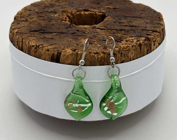 Green Leaf Drop Earrings |  Murano Inspired Lamp Work  |  Colorful Glass Earrings