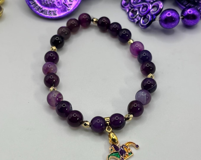 Mardi Gras | New Orleans | Purple Agate Gemstone Bracelet |  Mardi Gras Bracelet with Charm