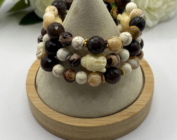 Brown and Tan Gems | Memory Wire Bracelet | Multi-Strand Bracelet | Quartz and Howlite Gemstones | MOP  and Jasper Gemstones | Buddha Beads