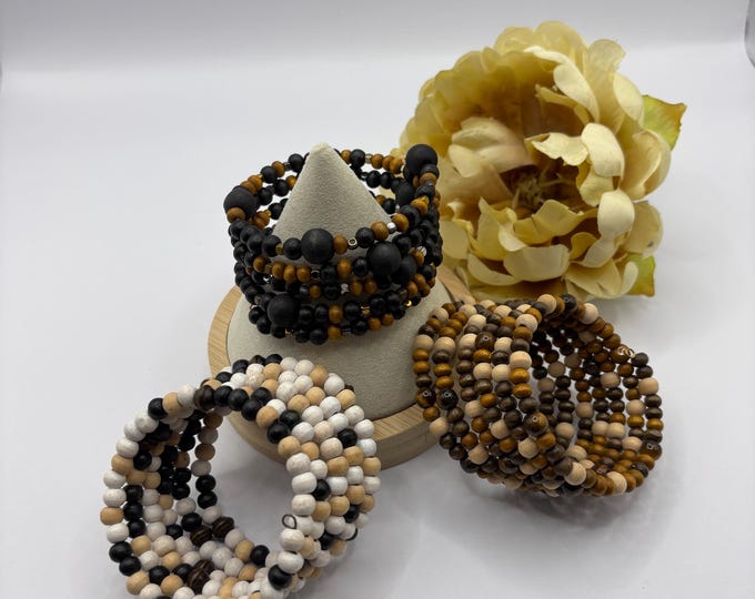 Wooden Beads | Memory Wire Bracelet | Multi-Strand Bracelet |