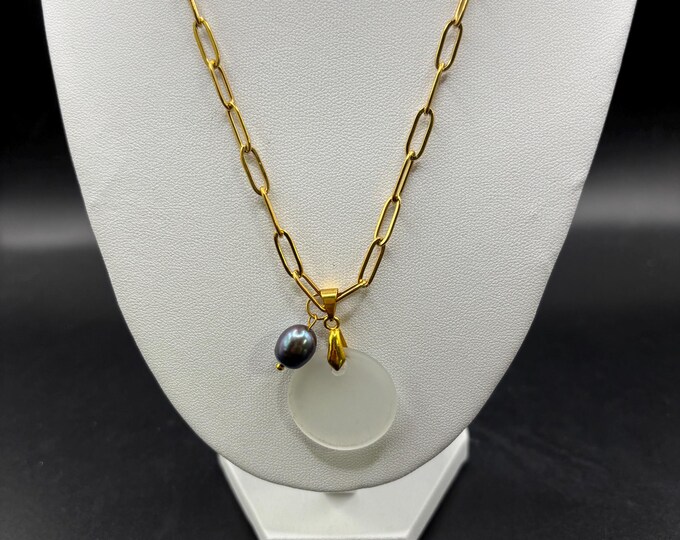 White Seaglass Necklace | White Seaglass | Seaglass Necklace with Freshwater Black Pearl | Paper Clip Chain