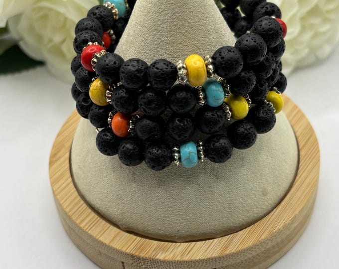 Black Lava Rock Bracelet | Colorful Turquoise Howlite  | Memory wire bracelet | Multistrand bracelet  | Diffuser Bracelet