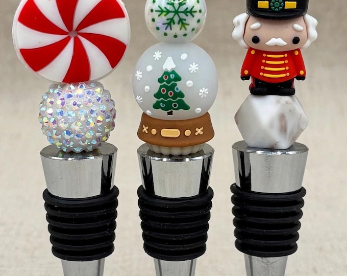 A Christmas Wine Bottle Stopper :  Silicone Beaded Bottle Stopper | Nutcracker Snow globe Peppermint | Barware
