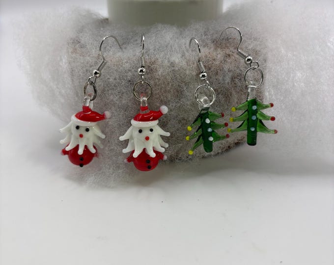 Lampwork Christmas  Tree Earrings | Santa Earrings | Holiday Earrings | Christmas Earrings |