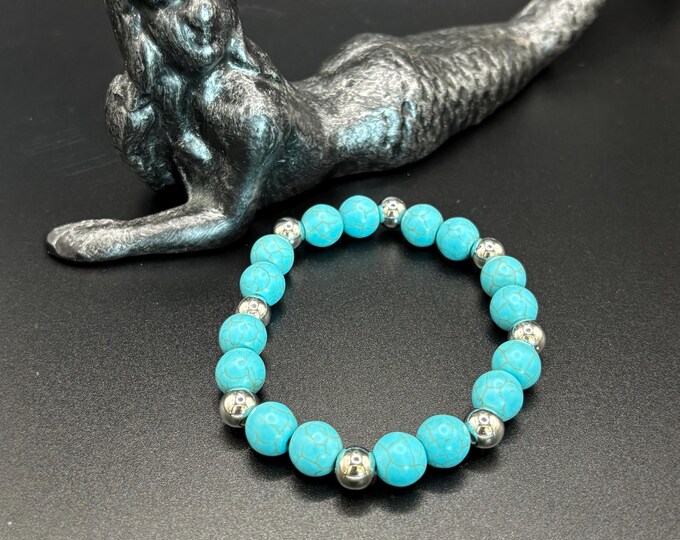 Turquoise Howlite Gemstones | Silver Accent Beads | Stretch Bracelet | Mens or Ladies Bracelet
