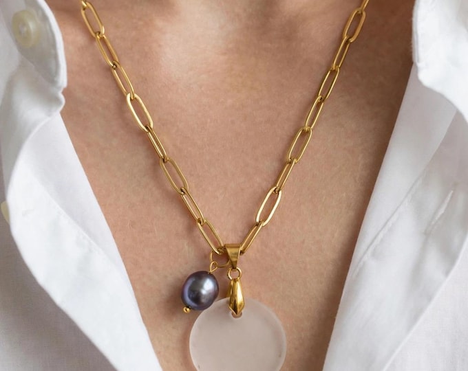 White Seaglass Necklace | White Seaglass | Seaglass Necklace with Freshwater Black Pearl | Paper Clip Chain