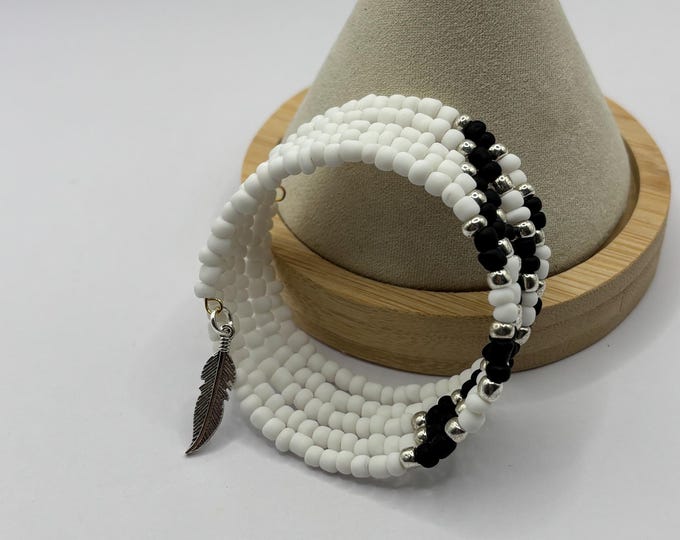 Boho Style Seed Bead Bracelet | Memory Wire Bracelet | Multi-Strand Bracelet | Feather charm