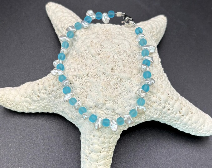 Turquoise Blue Seaglass Bracelet | Blue Seaglass |  White Rice Genuine Pearls | Seaglass Bracelet