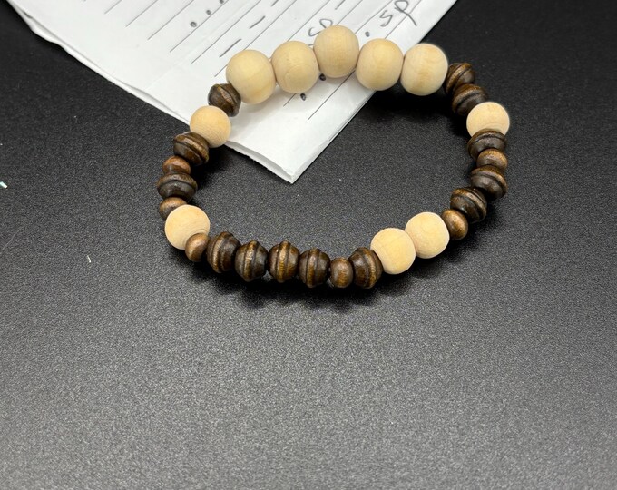 Brown and Tan Wood Beads | Wooden bracelet | Stretch Bracelet | Morse Code bracelet | Fighter