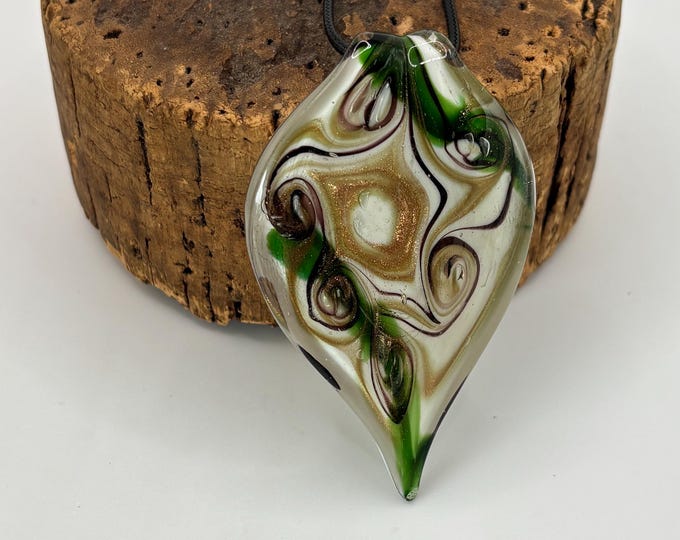 Green Black and Gold Murano Inspired Pendant Necklace  | Glass Leaf Pendant | Murano Glass | Lampwork Pendant | Necklace With Cord